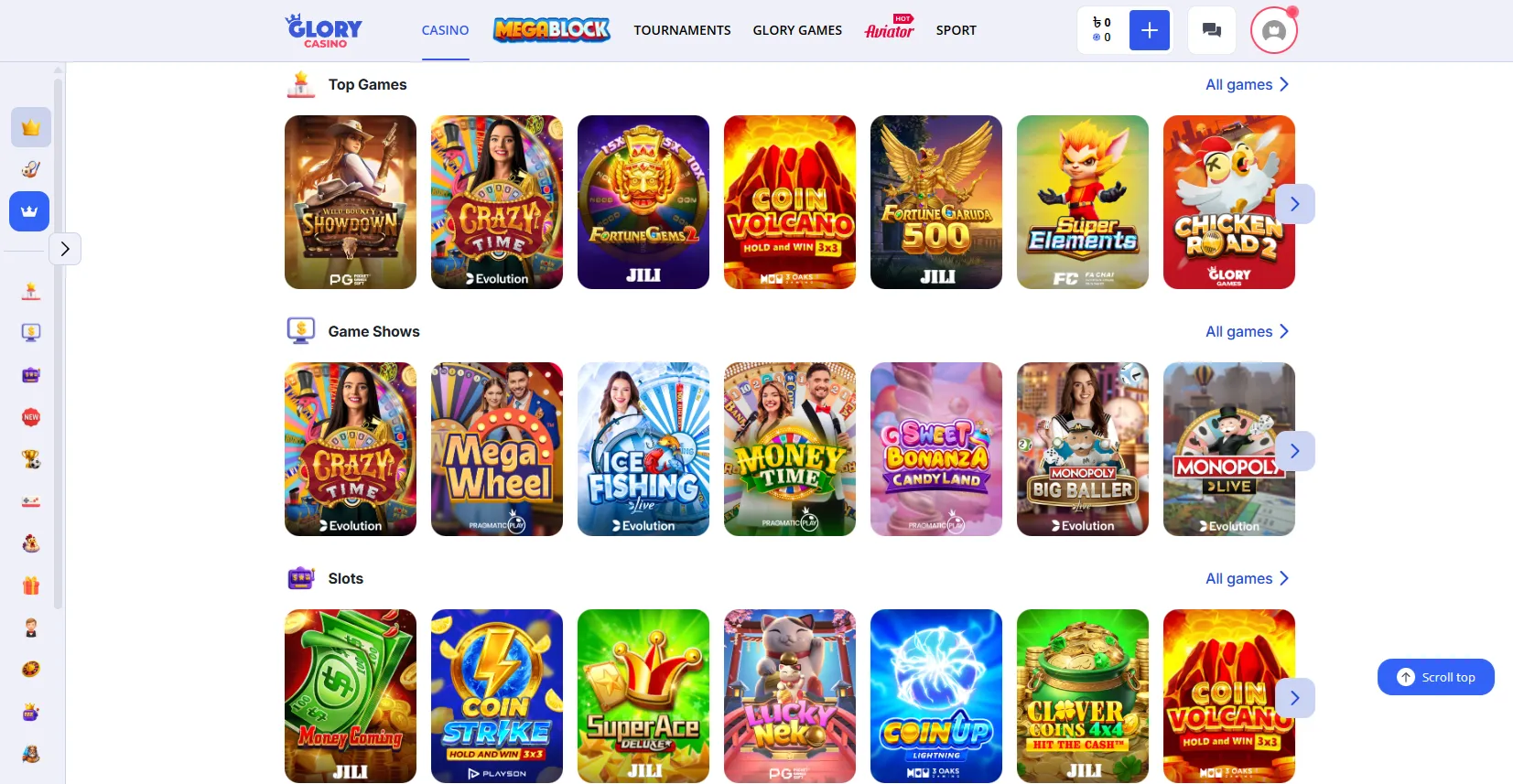 Games available at Glory Casino